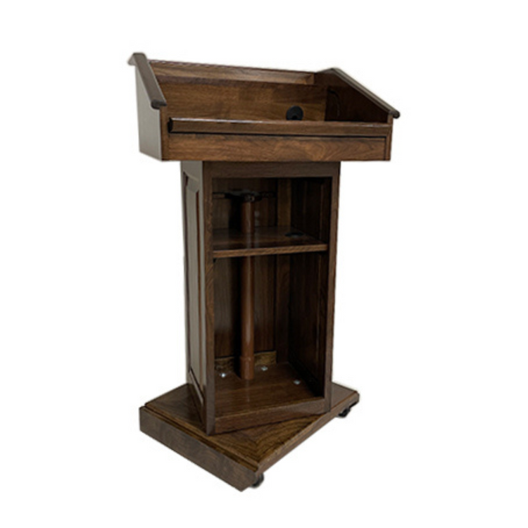 Counselor Swivel™ Podium with 45-degree swivel mechanism, adjustable work surface, and premium hardwood construction for dynamic presentations.