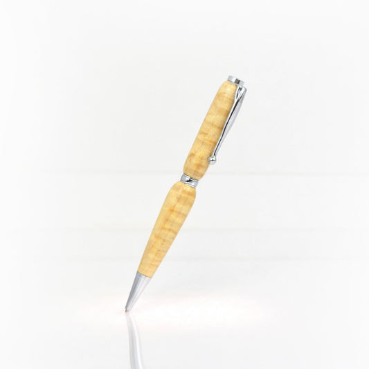 Handcrafted curly maple wood pen with high-gloss finish and refillable black ink insert