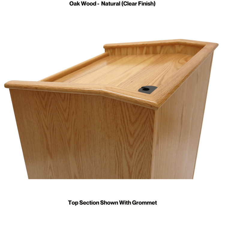 Graduate™ Podium (GRAD411) with angled work surface, flat reveal for tech, solid oak construction, storage shelves, and casters.
