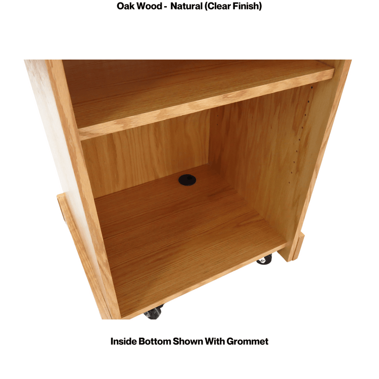 Graduate™ Podium (GRAD411) with angled work surface, flat reveal for tech, solid oak construction, storage shelves, and casters.