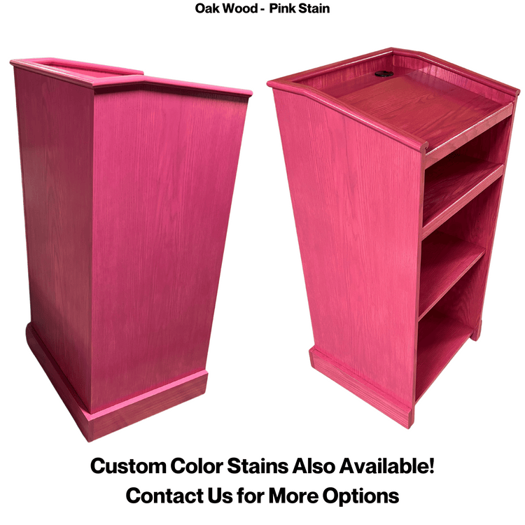 Graduate™ Podium (GRAD411) with angled work surface, flat reveal for tech, solid oak construction, storage shelves, and casters.