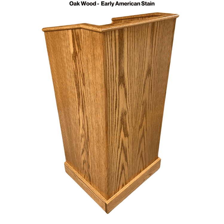 Graduate™ Podium (GRAD411) with angled work surface, flat reveal for tech, solid oak construction, storage shelves, and casters.