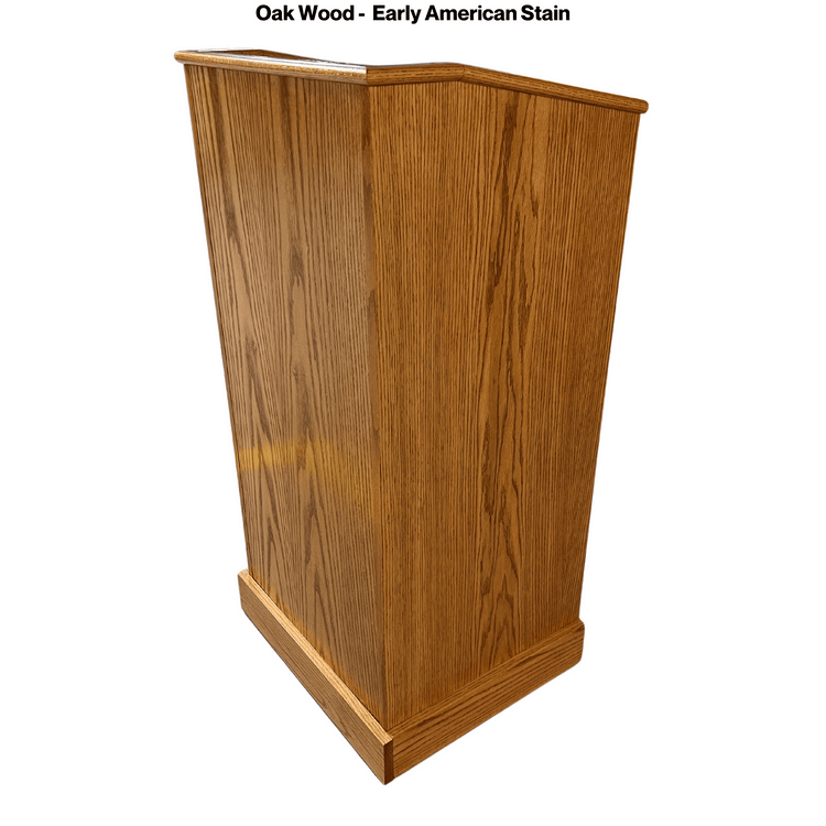 Graduate™ Podium (GRAD411) with angled work surface, flat reveal for tech, solid oak construction, storage shelves, and casters.