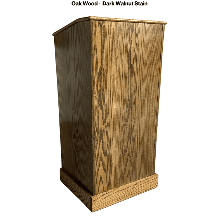 Graduate™ Podium (GRAD411) with angled work surface, flat reveal for tech, solid oak construction, storage shelves, and casters.