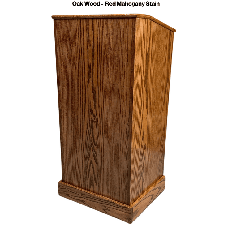 Graduate™ Podium (GRAD411) with angled work surface, flat reveal for tech, solid oak construction, storage shelves, and casters.