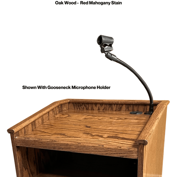 Graduate™ Podium (GRAD411) with angled work surface, flat reveal for tech, solid oak construction, storage shelves, and casters.