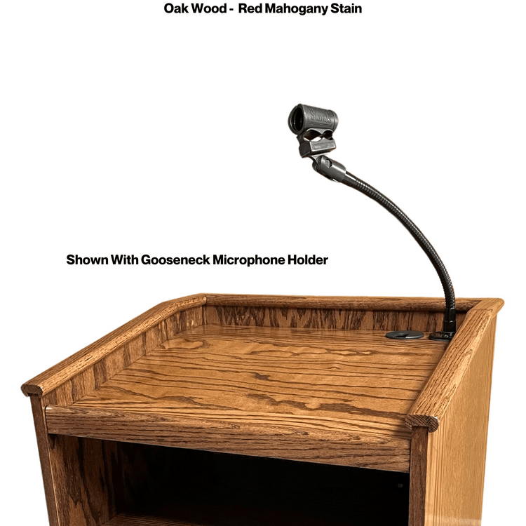 Graduate™ Podium (GRAD411) with angled work surface, flat reveal for tech, solid oak construction, storage shelves, and casters.