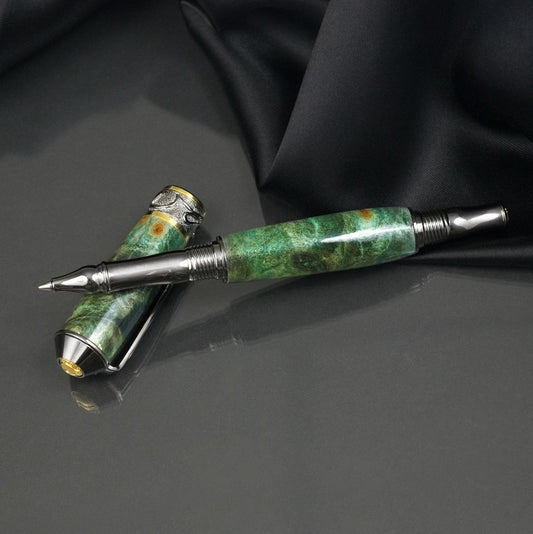 Handcrafted green dyed Buckeye Burl rollerball pen with precious metal body