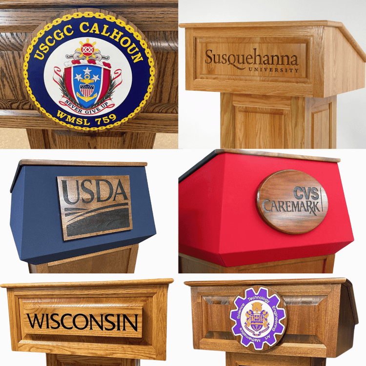 Custom logo options for lecterns: vinyl plaque, laser-engraved magnetic plaque or direct engraving, and engraved painted seal.