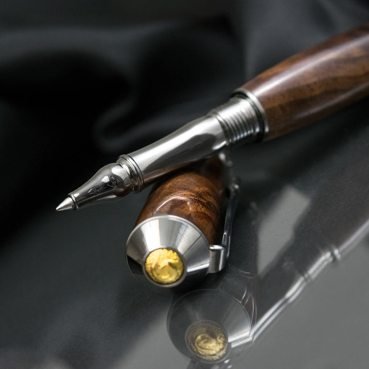 Handcrafted Walnut rollerball pen with precious metal body