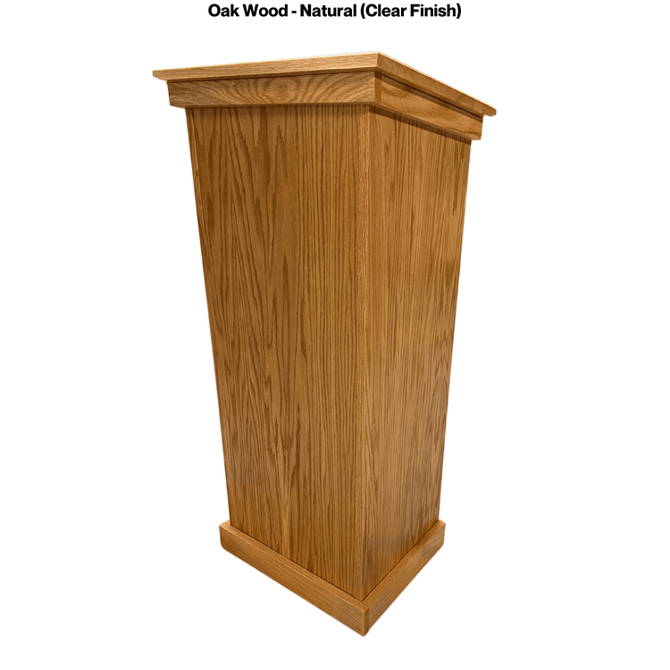 Assistant podium made of solid red oak with open-back storage shelf, water-resistant clear finish, and optional cross attachment.