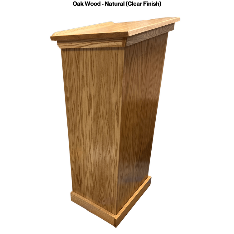 Assistant podium made of solid red oak with open-back storage shelf, water-resistant clear finish, and optional cross attachment.