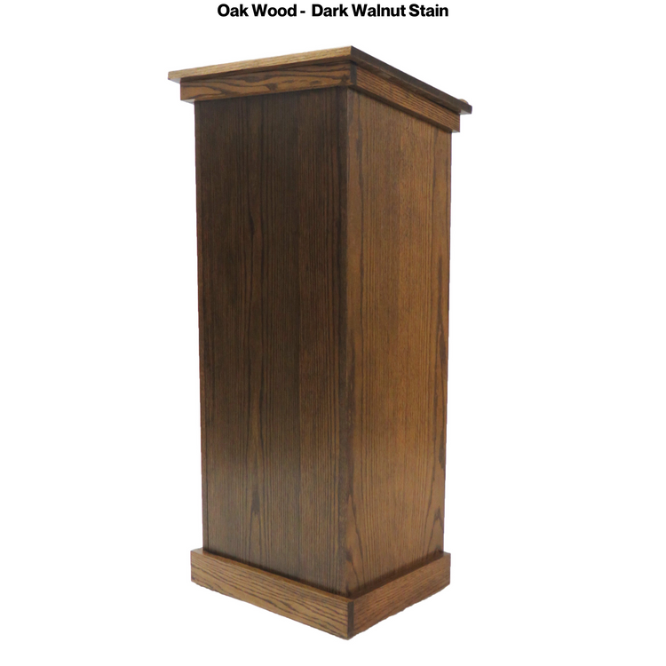 Assistant podium made of solid red oak with open-back storage shelf, and water-resistant clear finish.