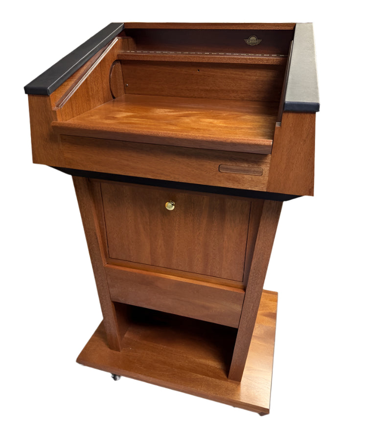 Presidential plus evolution podium with built in sound system and self-aligning magnetic lectern logo front panel.