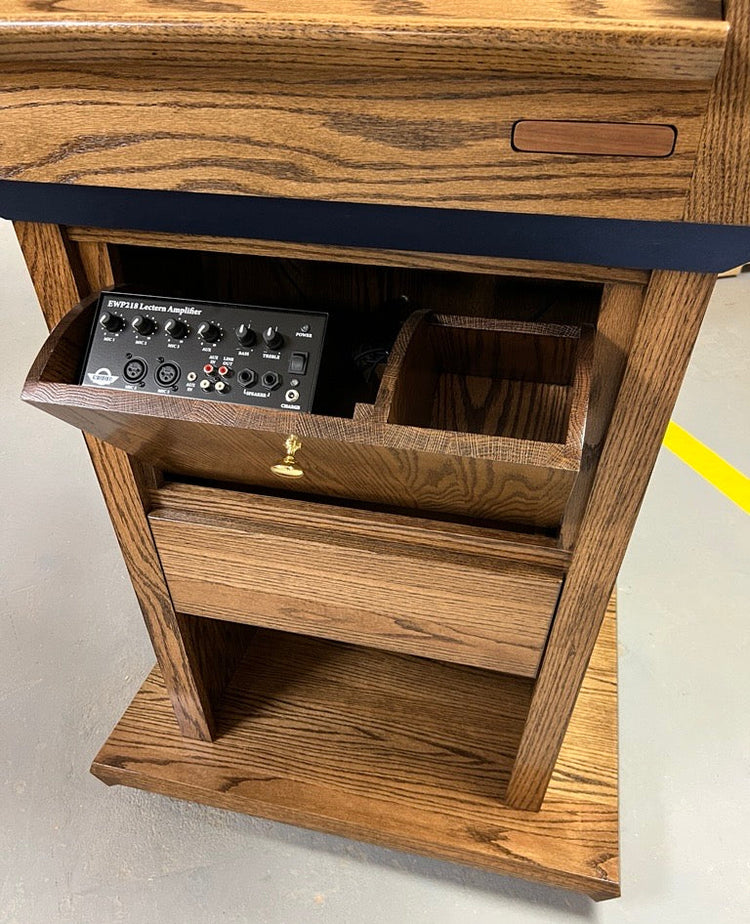 Presidential solid wood sound podium with built-in speakers, gooseneck microphone, LED light, retractable clock, and magnetic logo panel.