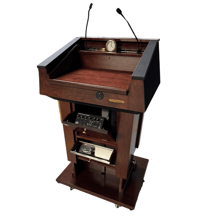 Height-adjustable wooden podium with built-in sound system, LED light, microphone, and magnetic auto-aligning logo plaque system.