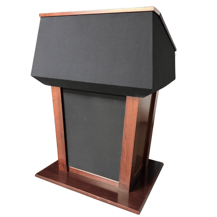 Large presidential height-adjustable wooden podium with built-in sound system, retractable microphone, LED light, and clock.