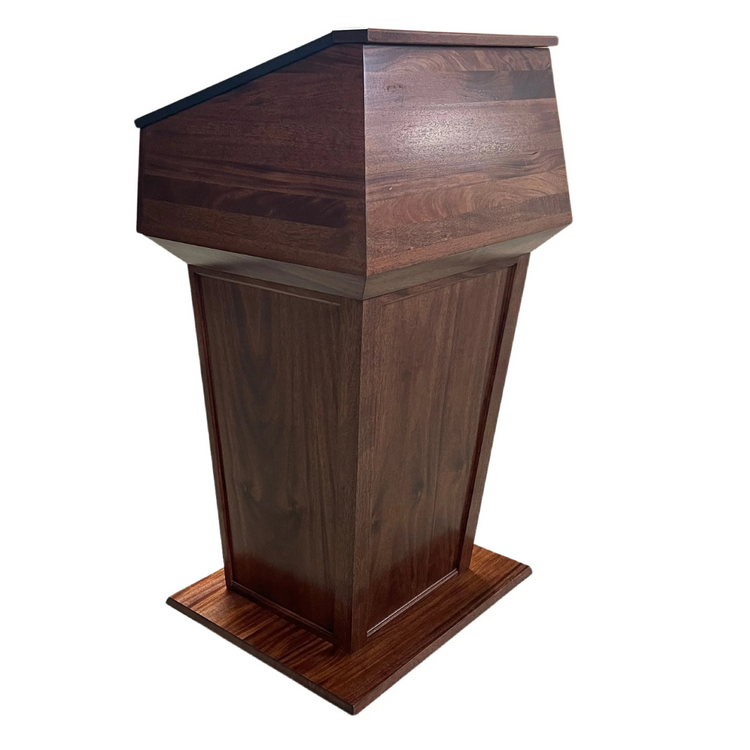 Presidential podium with bullet resistant steel to protect speakers from potential active shooters.