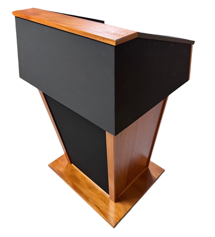 Presidential plus evolution podium with built in sound system and self-aligning magnetic lectern logo front panel.