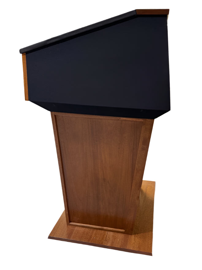 Presidential plus evolution podium with built in sound system and self-aligning magnetic lectern logo front panel.