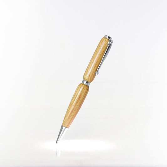 Handcrafted Red Oak wood pen with glossy finish and refillable black ballpoint ink insert