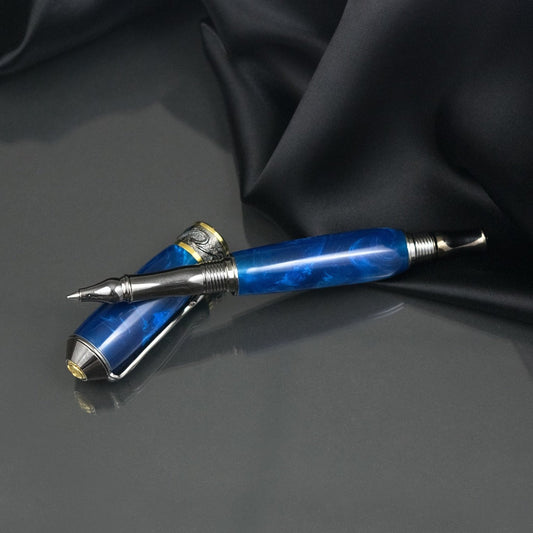 Handcrafted sapphire acrylic rollerball pen with precious metal body