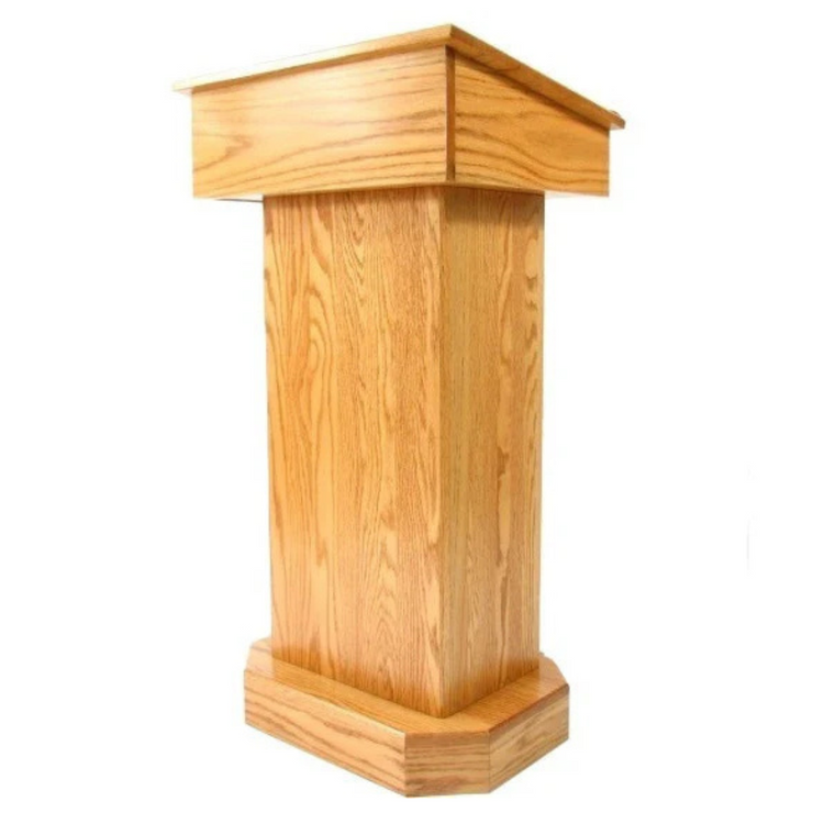 "Senator™ Solid Hardwood Podium, featuring a sleek design made from durable solid oak wood. It includes a spacious work surface, hidden rear casters for easy mobility, and ample storage space for supplies. Perfect for schools, churches, and event venues." American made craftsmanship Lectern