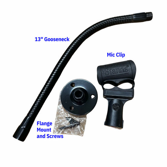 3-piece microphone mounting kit with 13" flexible gooseneck, flange mount, and mic clip for lecterns and podiums. Mic not included.