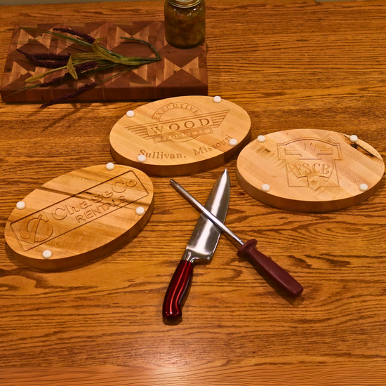 Handcrafted Character Maple cutting board with juice grooves, food-safe finish, and custom engraving options. Made in the USA.