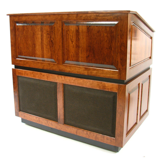 Ambassador Evolution™ multimedia lectern with solid wood construction, built-in sound system, storage bays, and customizable features.