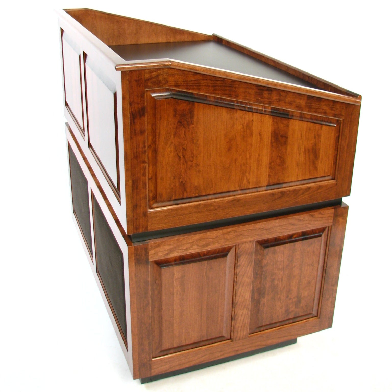 Ambassador Evolution™ multimedia lectern with solid wood construction, built-in sound system, storage bays, and customizable features.