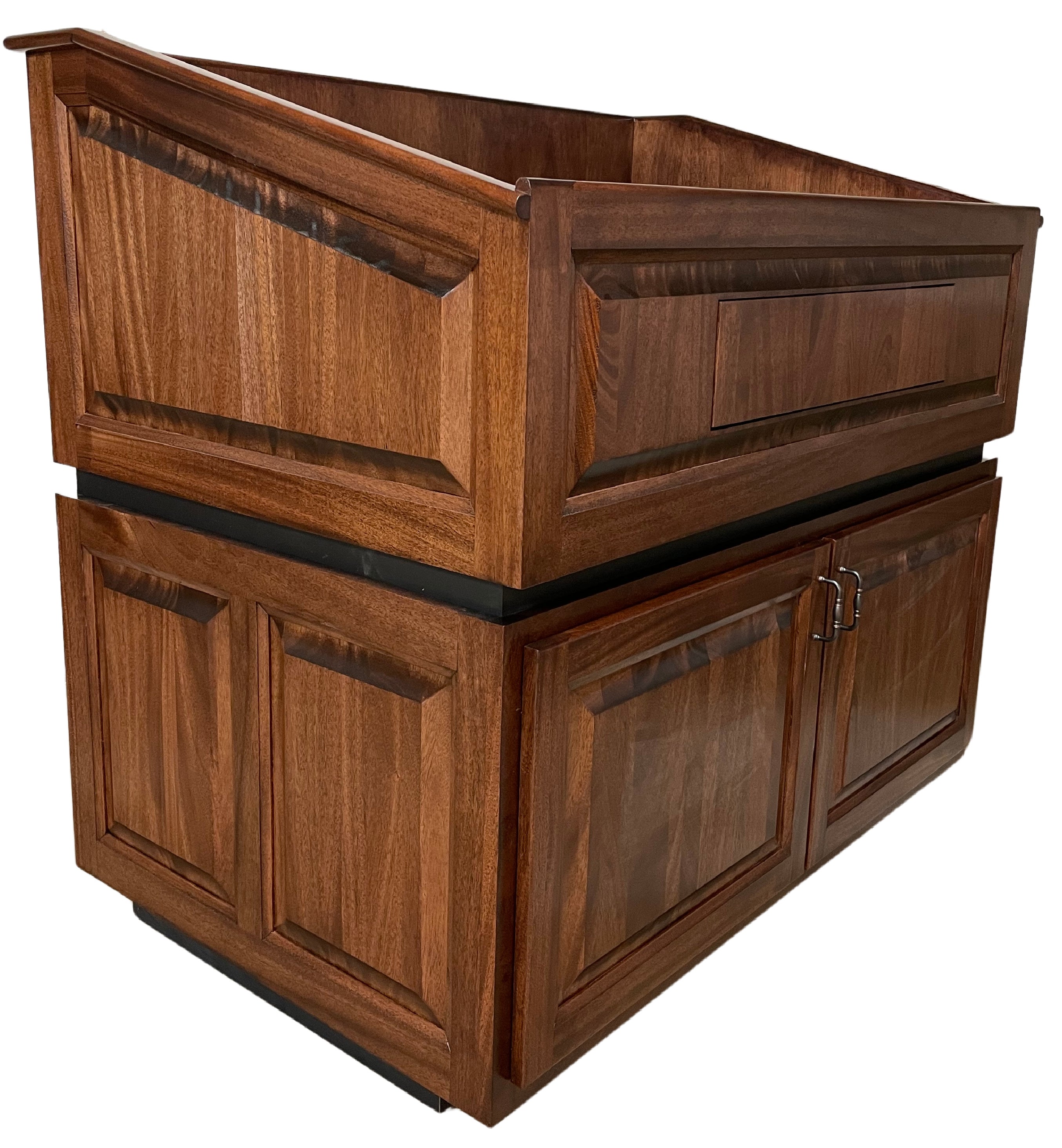 Ambassador Evolution™ multimedia lectern with solid wood construction, built-in sound system, storage bays, and customizable features.