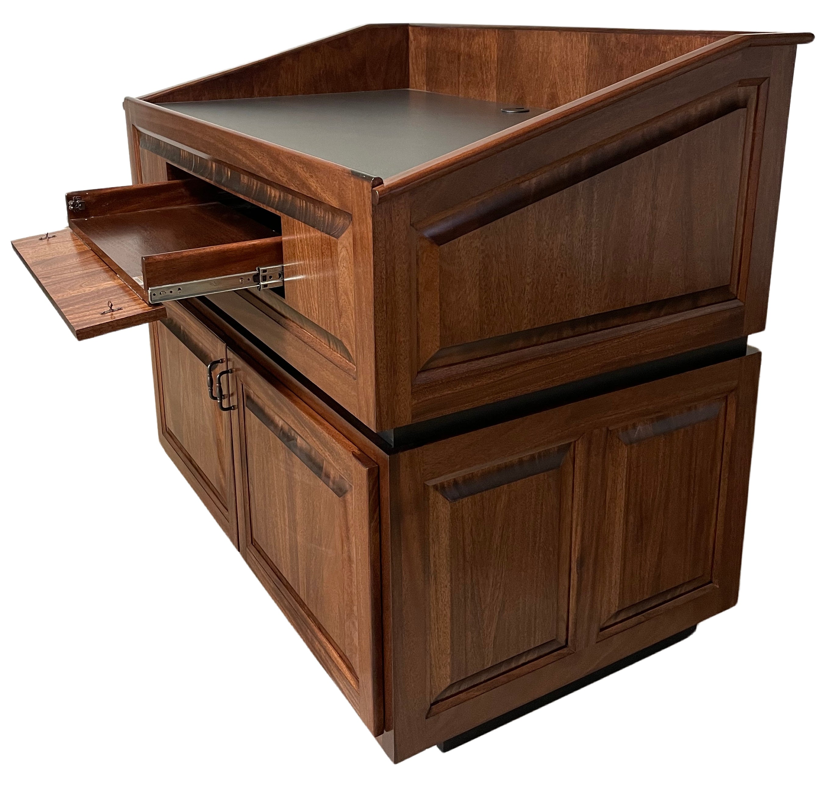 Ambassador Evolution™ multimedia lectern with solid wood construction, slide out, storage bays, and customizable features.