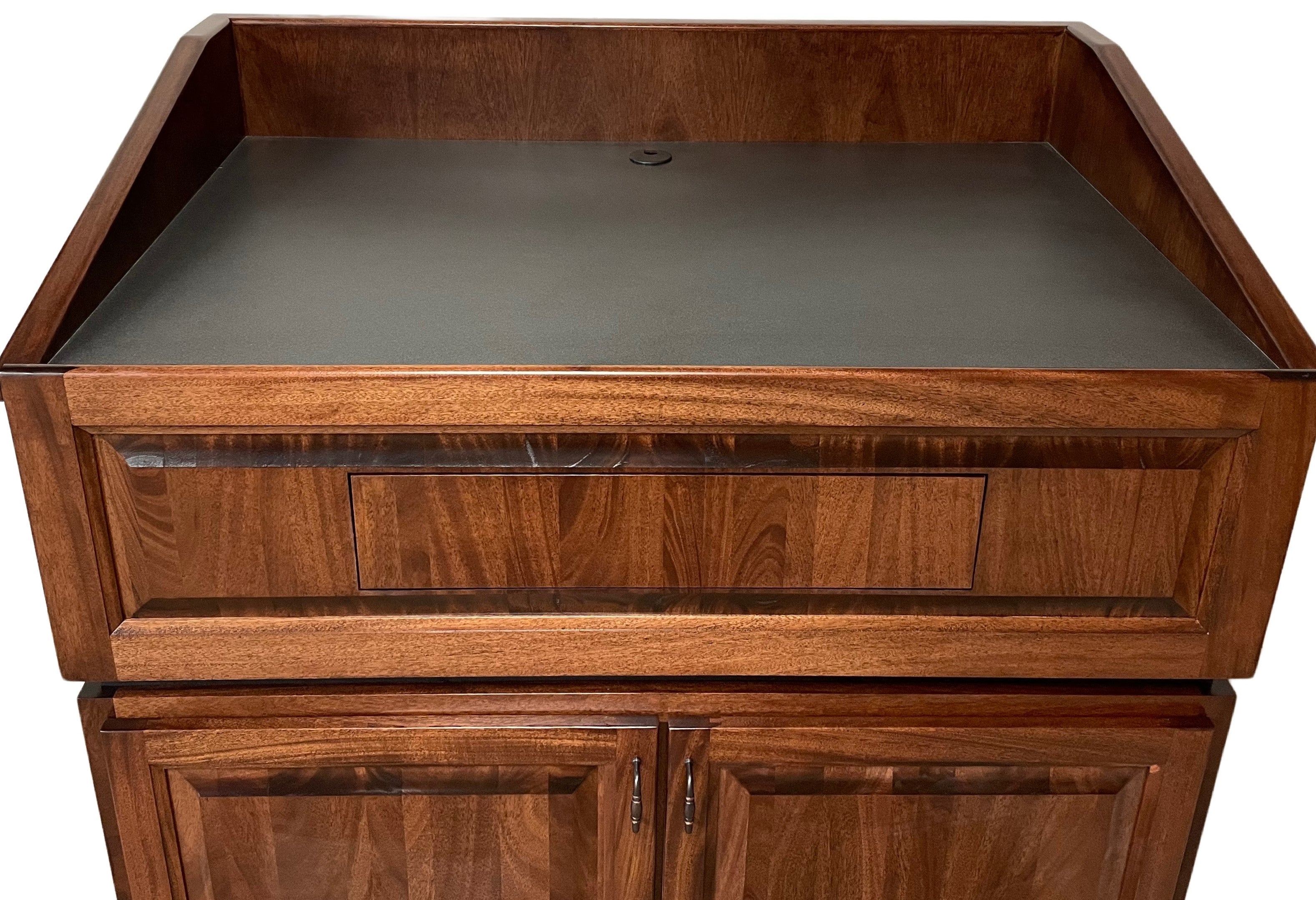 Ambassador Evolution™ multimedia lectern with solid wood construction, built-in sound system, storage bays, and laminated work surface.