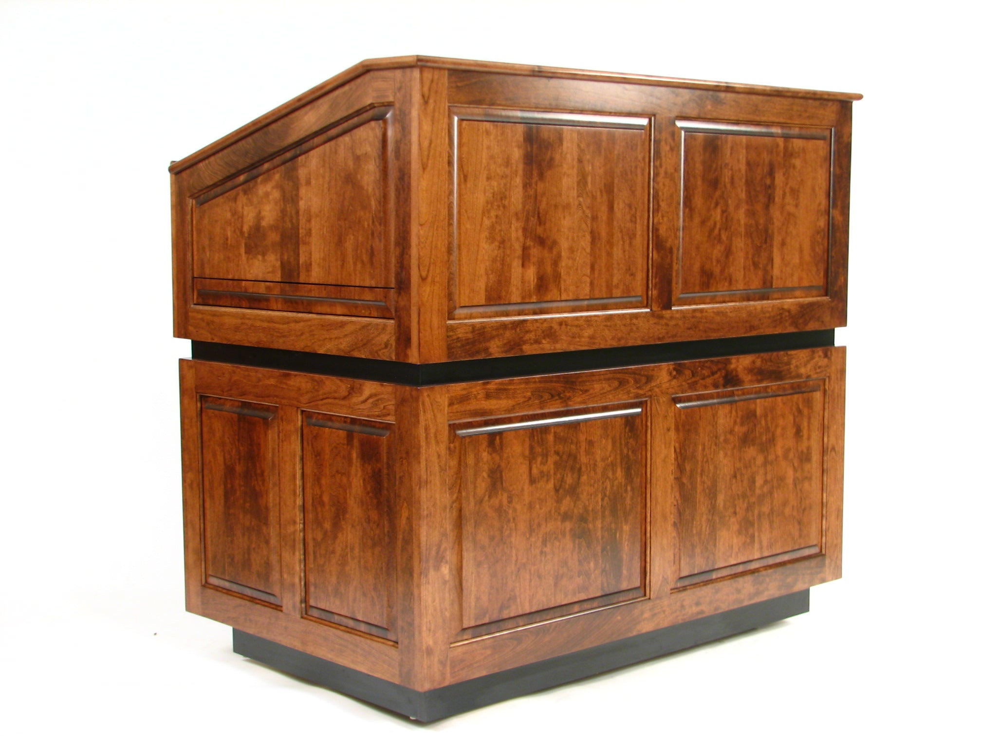 Ambassador™ multimedia lectern with solid wood construction, storage bays, customizable features, and a double-width work surface.