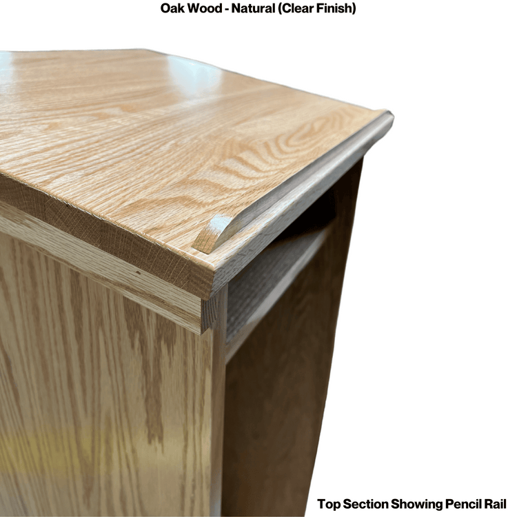 Assistant podium made of solid red oak with open-back storage shelf, water-resistant clear finish, and optional cross attachment.