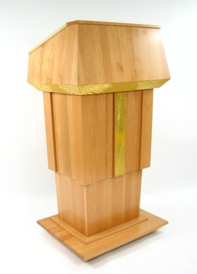 Height-adjustable wooden podium with magnetic front for logos, gold leaf inlays, and a drop-down work surface for presentations.