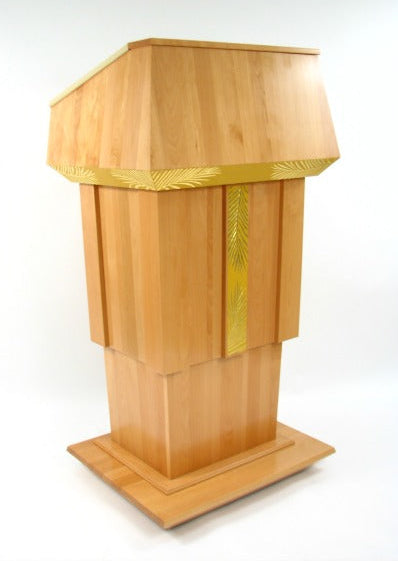 Presidential Plus Lift Large Height Adjustable Podium, featuring a solid wood construction with a sleek, gold finish. 