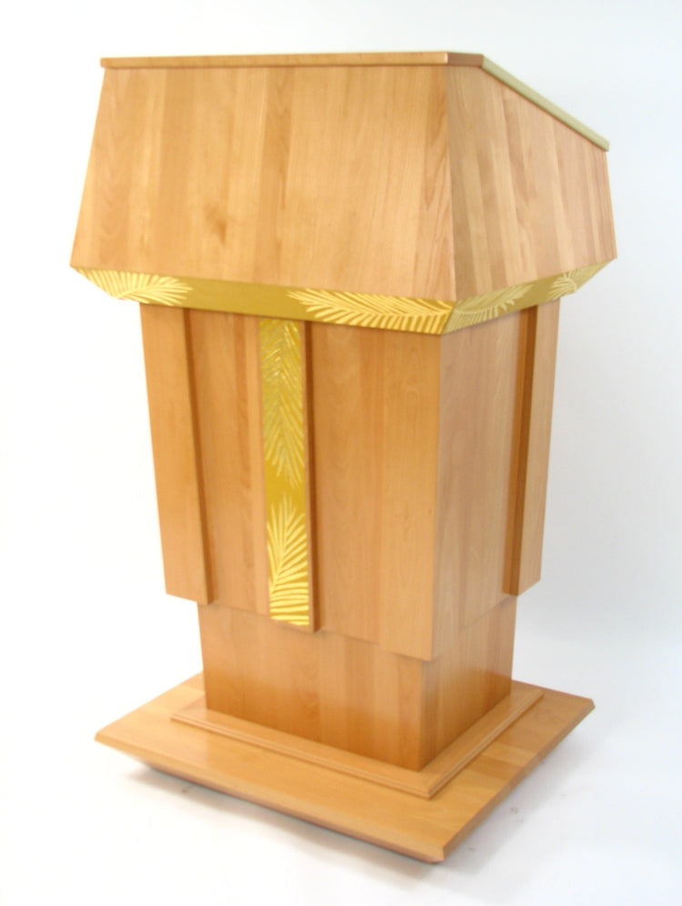 Presidential Plus Lift Large Height Adjustable Podium, featuring a solid wood construction with a sleek, polished finish. 
