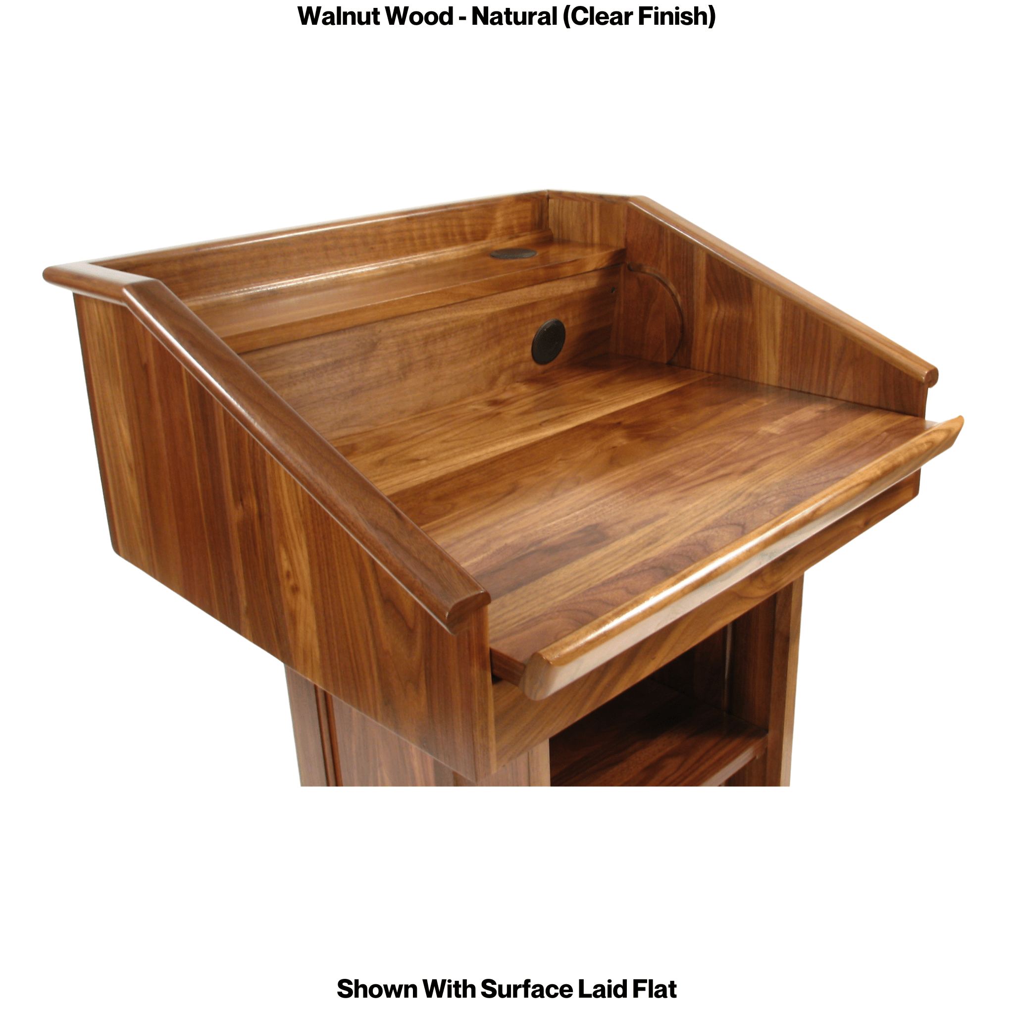 Counselor™ Podium, handcrafted in the USA with premium hardwood, adjustable work surface, built-in storage, and hidden casters.