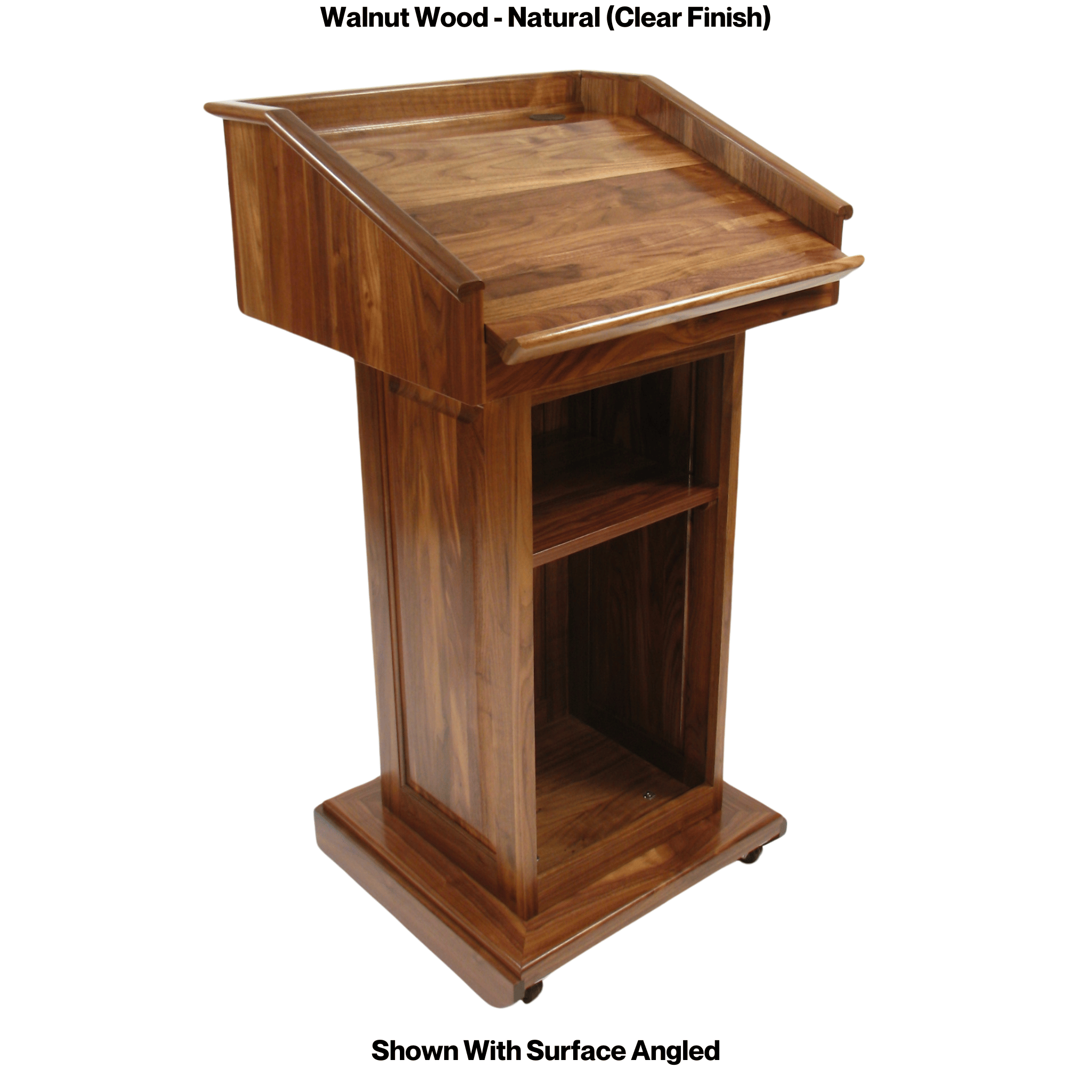 Counselor™ Podium, handcrafted in the USA with premium hardwood, adjustable work surface, built-in storage, and hidden casters.