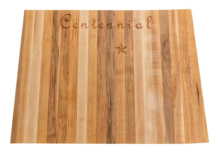 Colorado Handcrafted state-shaped charcuterie board made from solid American hard maple, featuring engraved details and a food-safe finish.