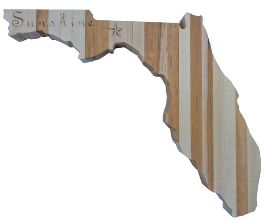 Florida Handcrafted state-shaped charcuterie board made from solid American hard maple, featuring engraved details and a food-safe finish.