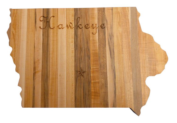 Iowa Handcrafted state-shaped charcuterie board made from solid American hard maple, featuring engraved details and a food-safe finish.