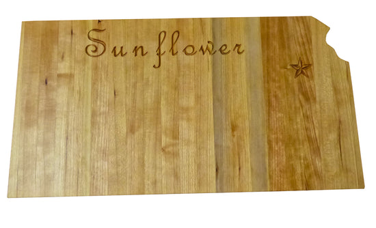 Kansas Handcrafted state-shaped charcuterie board made from solid American hard maple, featuring engraved details and a food-safe finish.