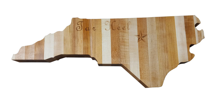 North Carolina Handcrafted state-shaped charcuterie board made from solid American hard maple, featuring engraved details and a food-safe finish.