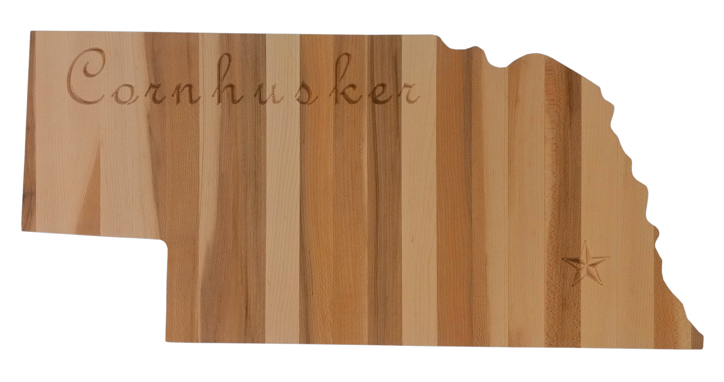 Nebraska Handcrafted state-shaped charcuterie board made from solid American hard maple, featuring engraved details and a food-safe finish.