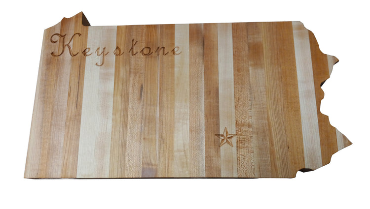 Pennsylvania Handcrafted state-shaped charcuterie board made from solid American hard maple, featuring engraved details and a food-safe finish.