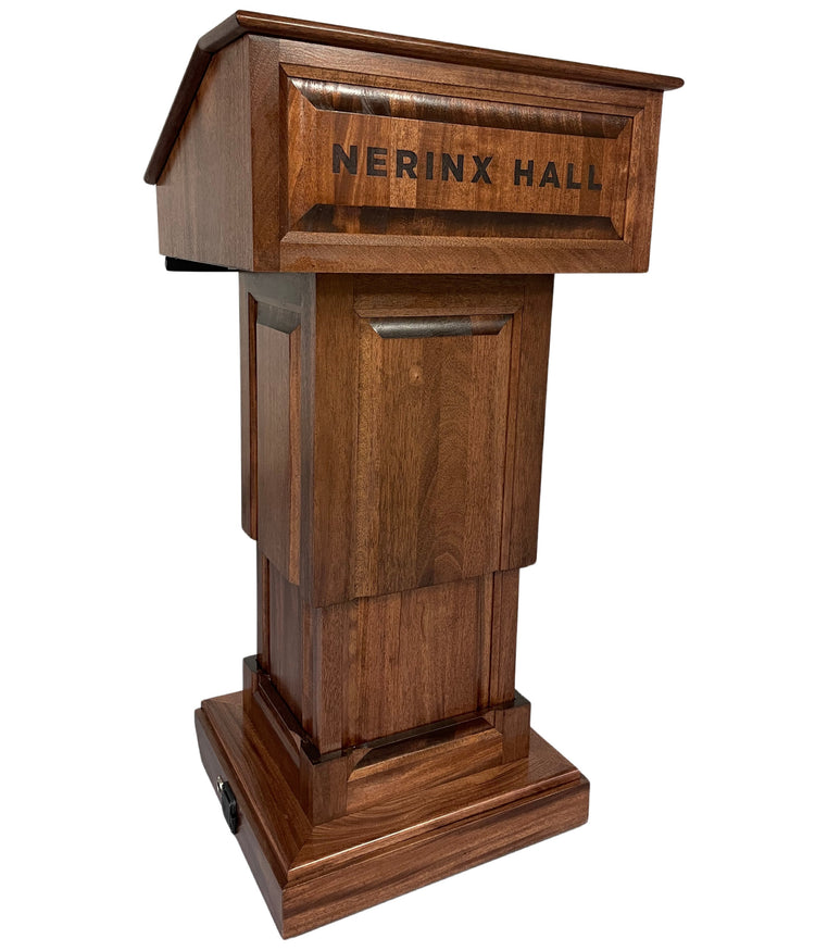 Counselor Lift™ Podium with electric height adjustment, premium hardwood, and mobility casters, ideal for professional settings.