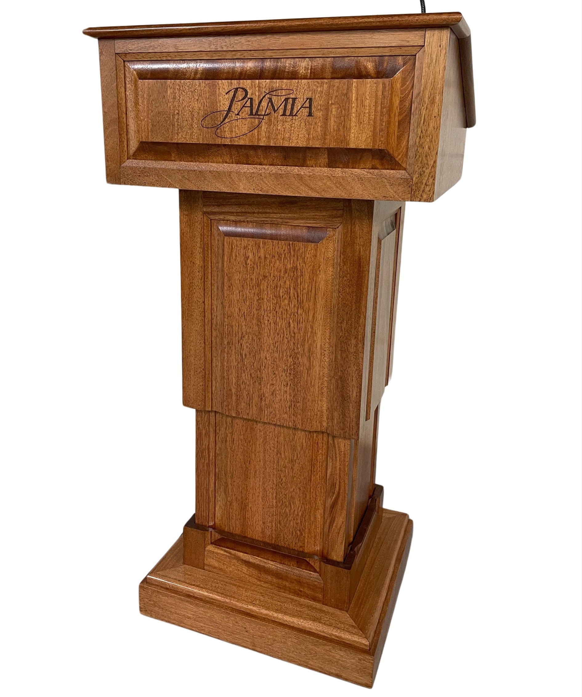 Counselor Lift™ Podium with electric height adjustment, premium hardwood, and mobility casters, ideal for professional settings.